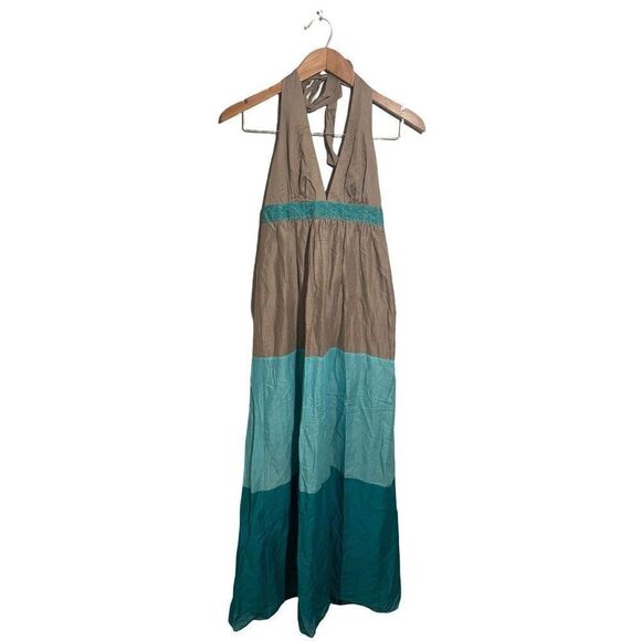 BCBG Paris Colorblock Halter Maxi‎ Dress Womens 2 Summer Resort Cotton Blue Tan - Picture 1 of 5